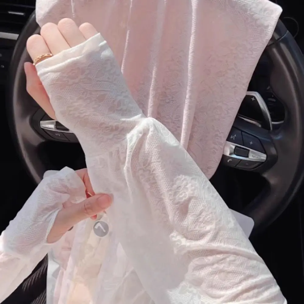 Breathable บางลูกไม้ผ้าไหมน้ําแข็งแขนดอกไม้ Sun Protection ครีมกันแดด Anti-UV แขนยาวถุงมือขี่จักรยานผู้หญิง