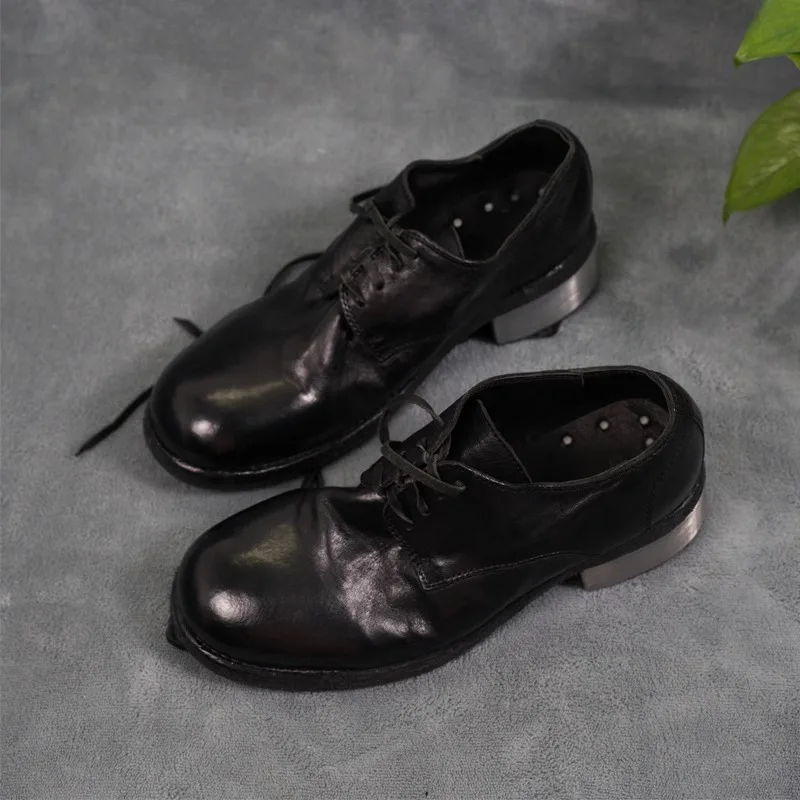 

Handmade Men Derby Shoes Genuine Leather Lace Up Low Top Work Shoes Street Fashion Metal Heel Casual Leather Shoes