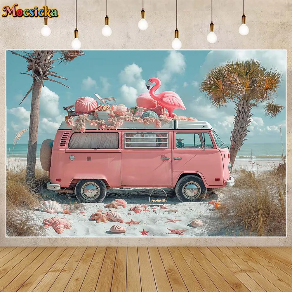 Mocsicka-夏の写真の背景,ピンクのビーチ,バン,ヤシの木,休暇,パーティーの装飾,写真の背景,スタジオアクセサリー