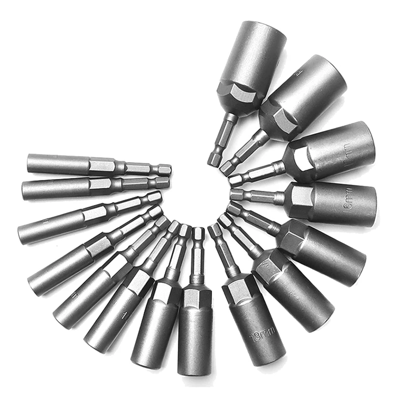 

15Piece 80Mm Length Deepen Power Nut Driver Drill Bit Set 5.5-19MM Impact Socket Adapter For Power Tools 6.35MM Hex