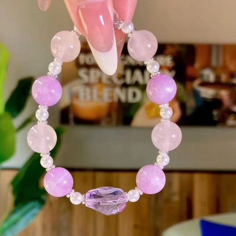 Natural Powder Crystal with Purple Lithium Crystal Bracelet, Light Luxury Fashion Lucky Bracelet.