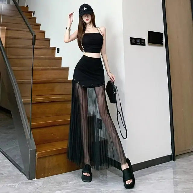 Fashionable High-End Mesh Splicing Hip-Pack Skirt Women Summer New Black Korean Fashionable Skirts Fashionable Skirts