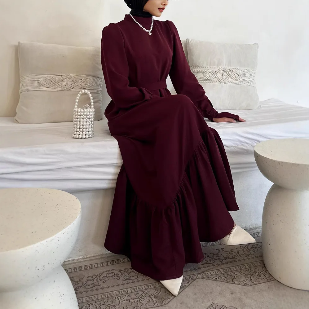 Muslimische Mode Abaya Muslim Solid Langarm Kleid Schnürrock Dubai Kaftan Damen Maxi Damen Robe