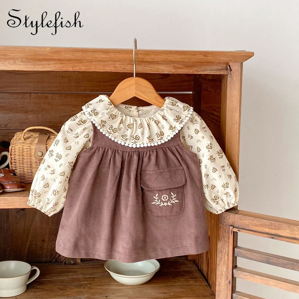 Autumn new 0-3 year old baby set baby girl ruffle collar floral long sleeved top+corduroy shoulder strap skirt