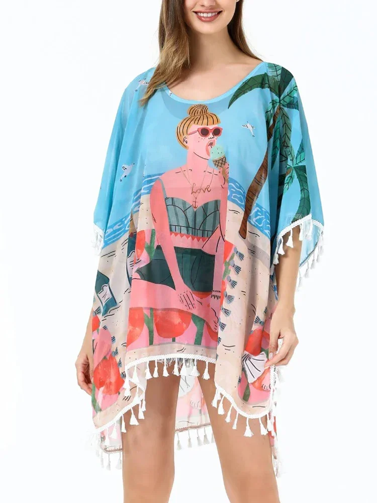 

2025 New Bikini Cover-Ups Women Beach Cover Up Chic Printed Tassel Plus Size Beach 2025 Summer Fashion Female Vacation Beachwear