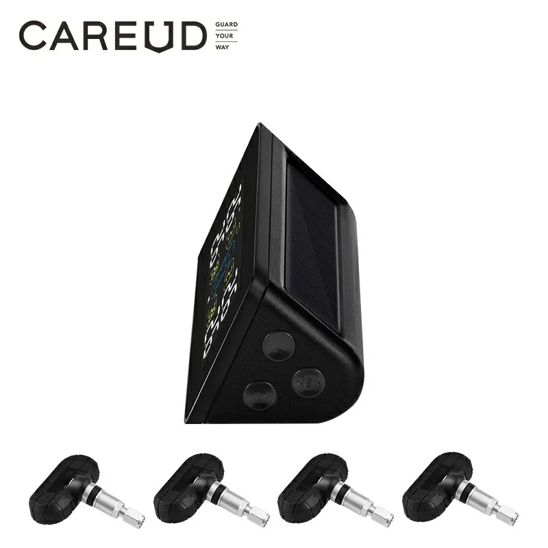CAREUD Solar Car Wireless Tire Pressure Monitoring System With 4 Internal/External Sensors LCD Display Accurate Measurement Data