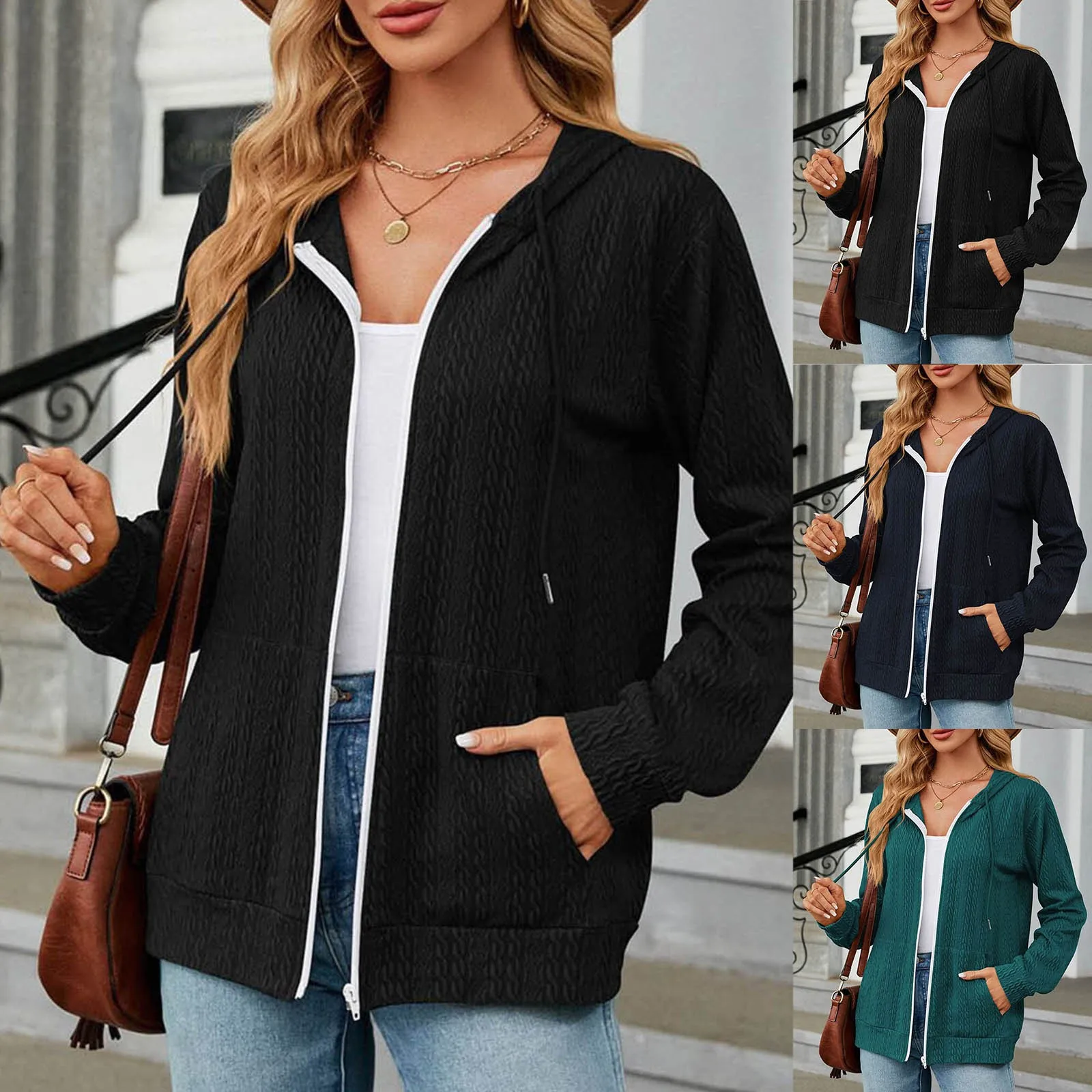 

Women's Autumn And Winter Loose Long Sleeved Hooded Zipper Cardigan Pocket Lapel Harjauku Turn Down Collar Pullovers Overshirt