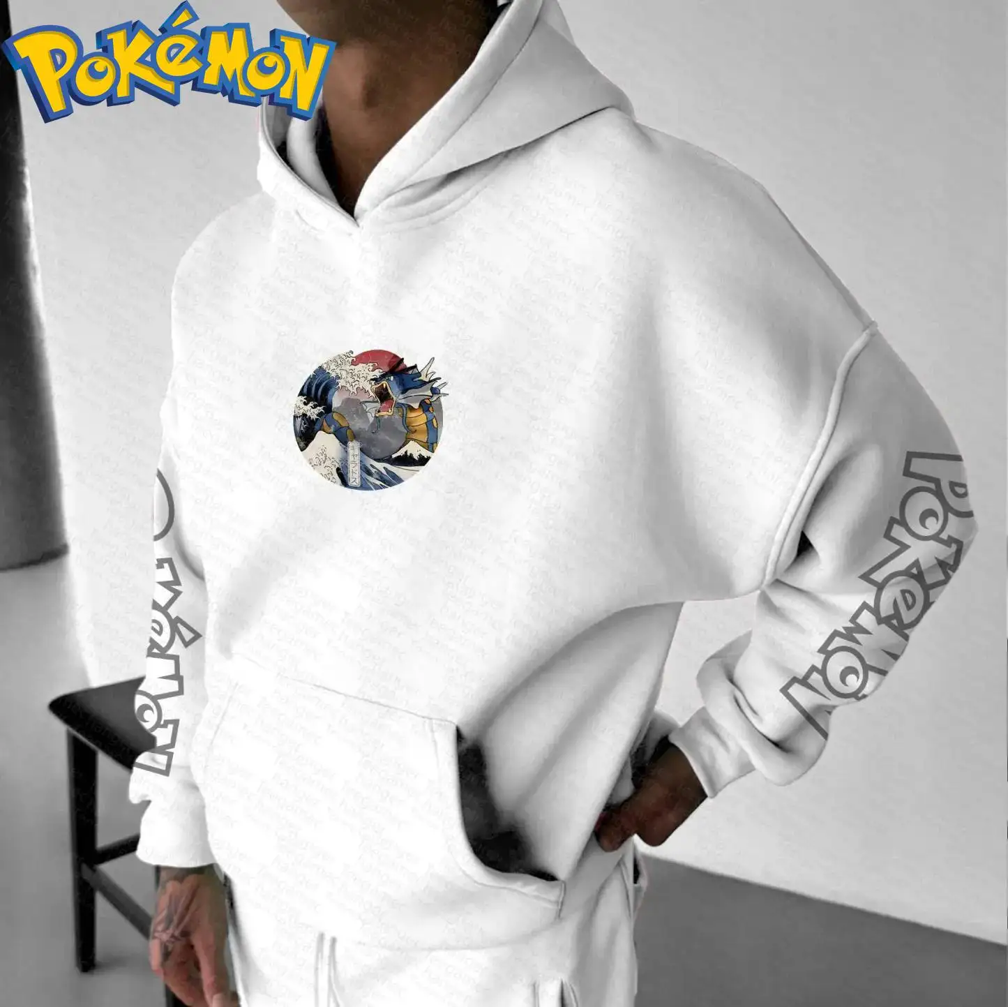 Pokemon Anime Gyarados Baumwolle Hoodie Harajuku Hosen Set Blau Meer Welle Drachen Muster Zwei Stück Outfit Casual Streetwear