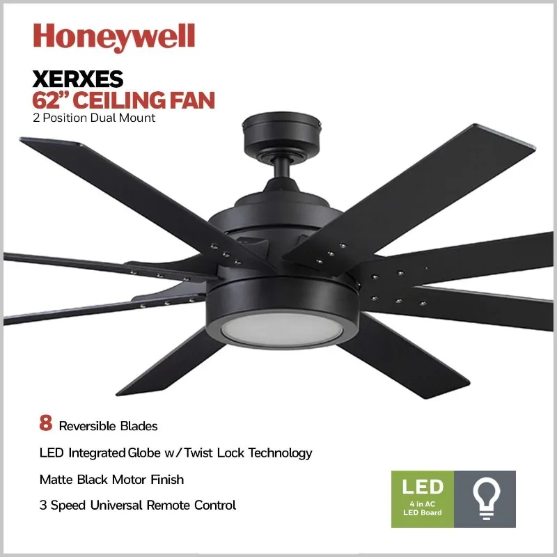 Honeywell-Ventilateur de Plafond Contemporain à LED avec Lumière et Télécommande, GérXerxes, 62 Pouces, 8 Seric avec Finition Touristique