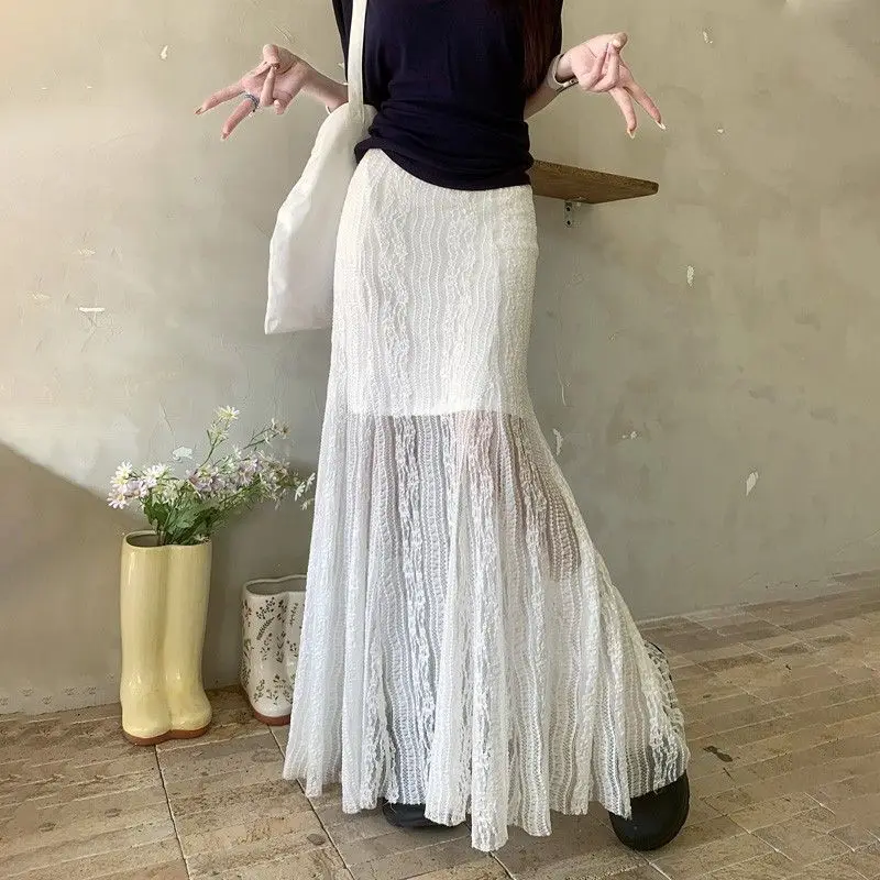 

White Lace Skirt Set Summer High Waist A Line Mermaid Long Skirt for Petite Women Bodycon Outfit
