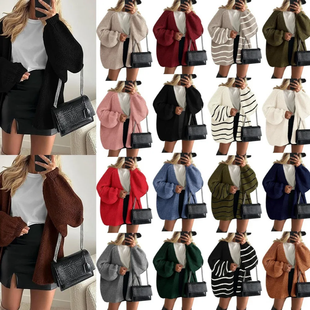 

Automne et hiver transfrontaliers européens et américains nouveau pull tricoté de couleur unie veste cardigan ample