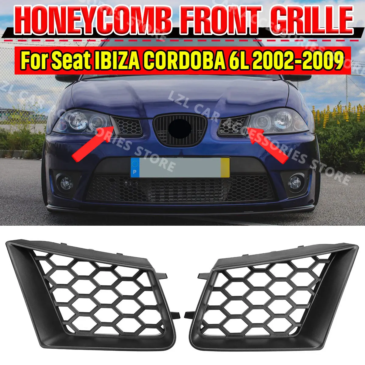 

Pair Honeycomb Front Upper Bumper Grill for Seat Ibiza Typ 6L Cordoba 2002-2009 Matte Black Heatproof Radiator Grill Grille