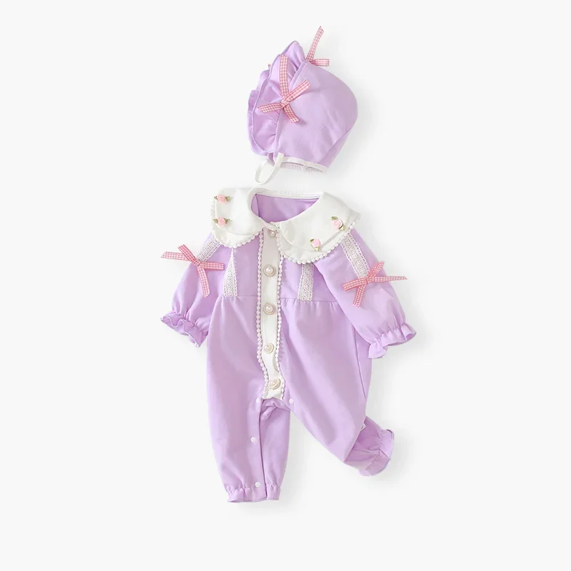 2024 Korean Baby Kids Autumn Climbing Newborn Wear New Lilac Jumpsuit European American Children Light Luxury Bow Belt Clothes