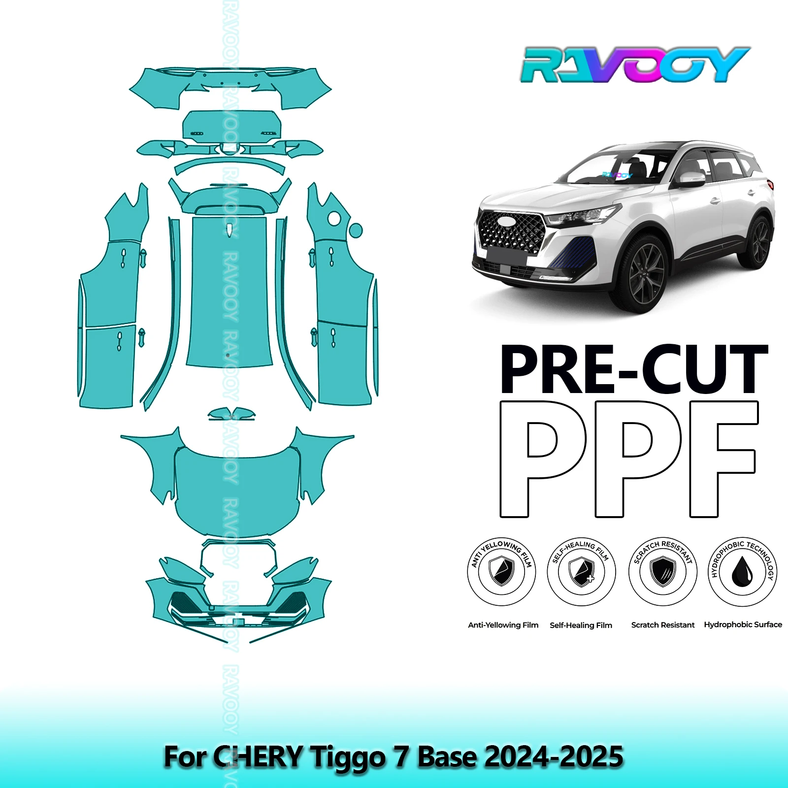 RAVOOY 8.5Mil Custom-Fit Precut TPU PPF Full Vehicle Clear Bra Stone Guard EU UK For CHERY Tiggo 7 Base 2024-2026