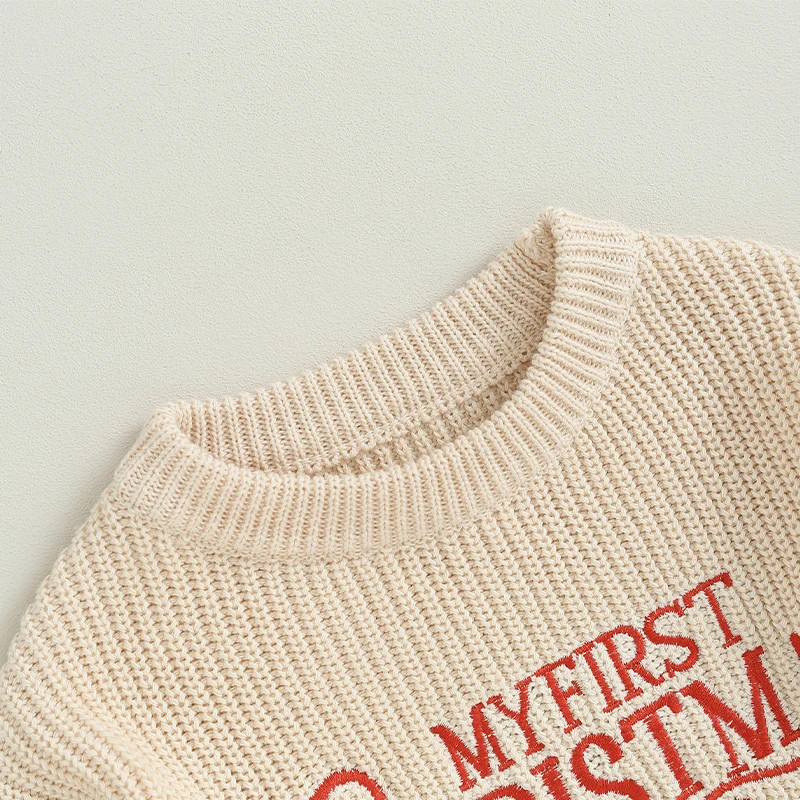 Baby Girls Christmas Knit Sweater Beige Long Sleeve Letter Print Pullover Knitwear