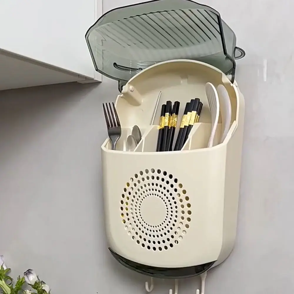 

Large Capacity Wall-Mounted Chopstick Holder Dustproof with Lid Cutlery Holder Plastic Kitchen Cutlery Container