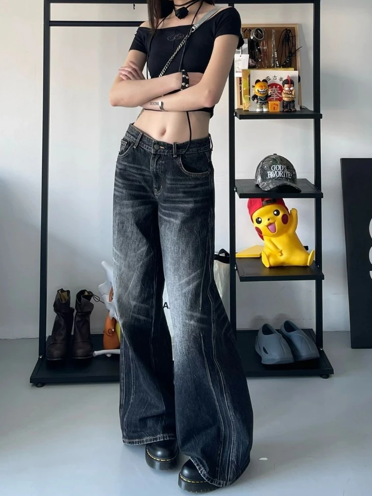 QWeek กางเกงยีนส์วินเทจสำหรับผู้หญิง, กางเกงยีนส์สีดำแนวสตรีทแวร์กางเกงขาม้าฮาราจูกุซักได้หลวมๆกางเกงขายาวผ้าเดนิมฮิปฮอป