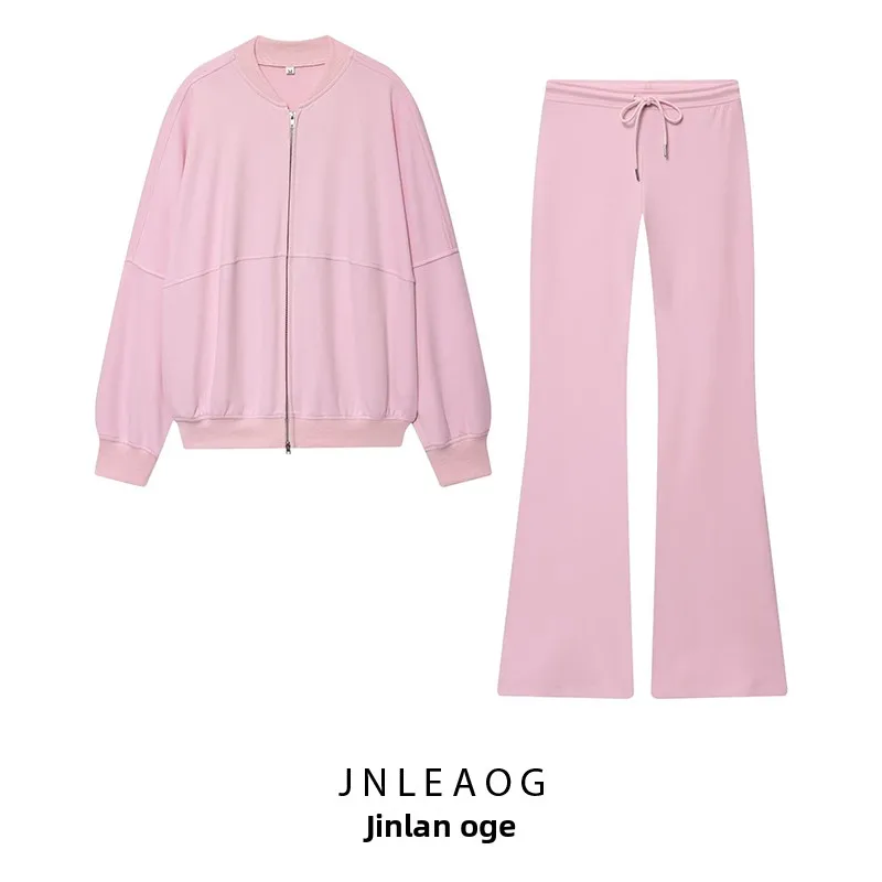 

JNLEAOG Autumn New Women's Double-sided Fabric Pilot Jaet Interloing Flared Pants Zipper round Ne Long Sve Set