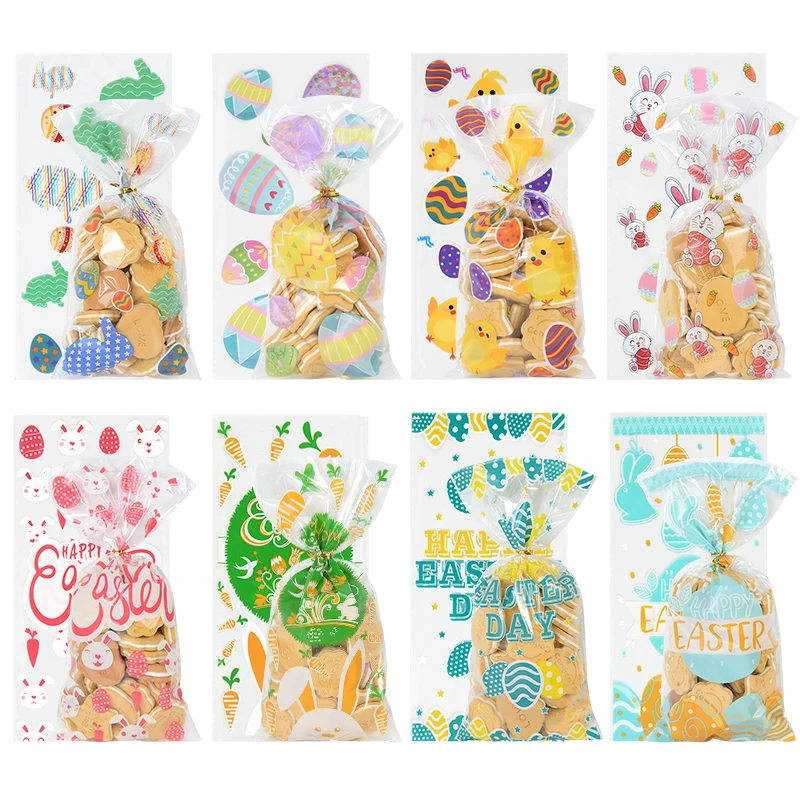 50pcs Happy Easter Candy Bags Cute Bunny Rabbit Eggs Cookie Biscuit Gift Bag for Spring Easter Birthday Party Favor Decoration