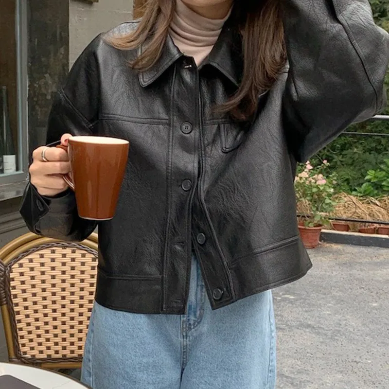 Women Vintage Pu Jacket Fashion Streetwear Loose Coat Korean style Casual Lady Casual Loose FauxLeather Jacket clothing NS5908