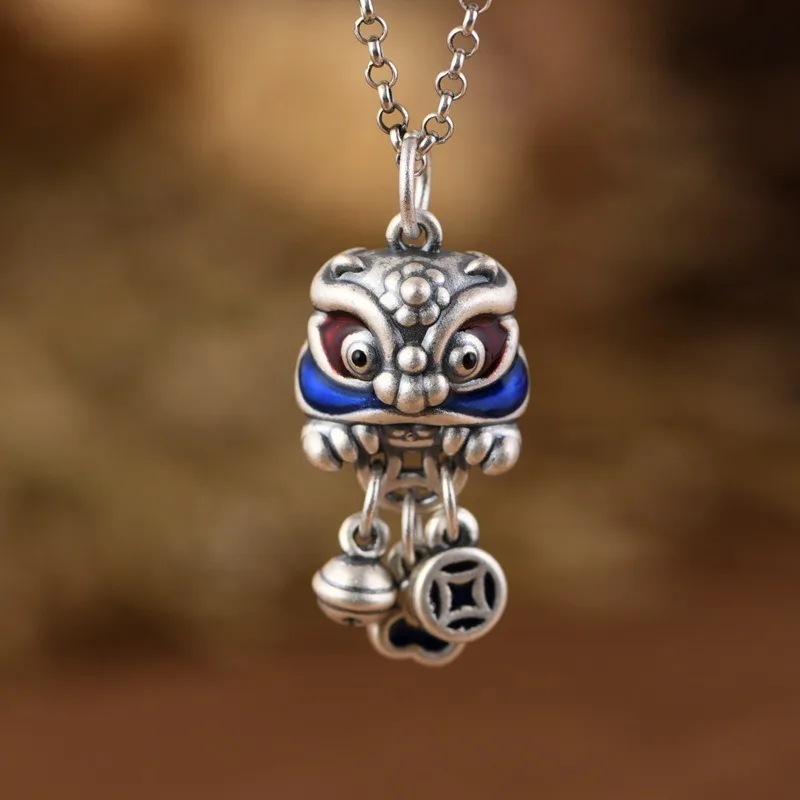 Blue Cute Small Pendant 925 Silver Lion Dancing Tassel Necklace Chinese Style Copper Coin Design Banquet Couple Jewelry Gift