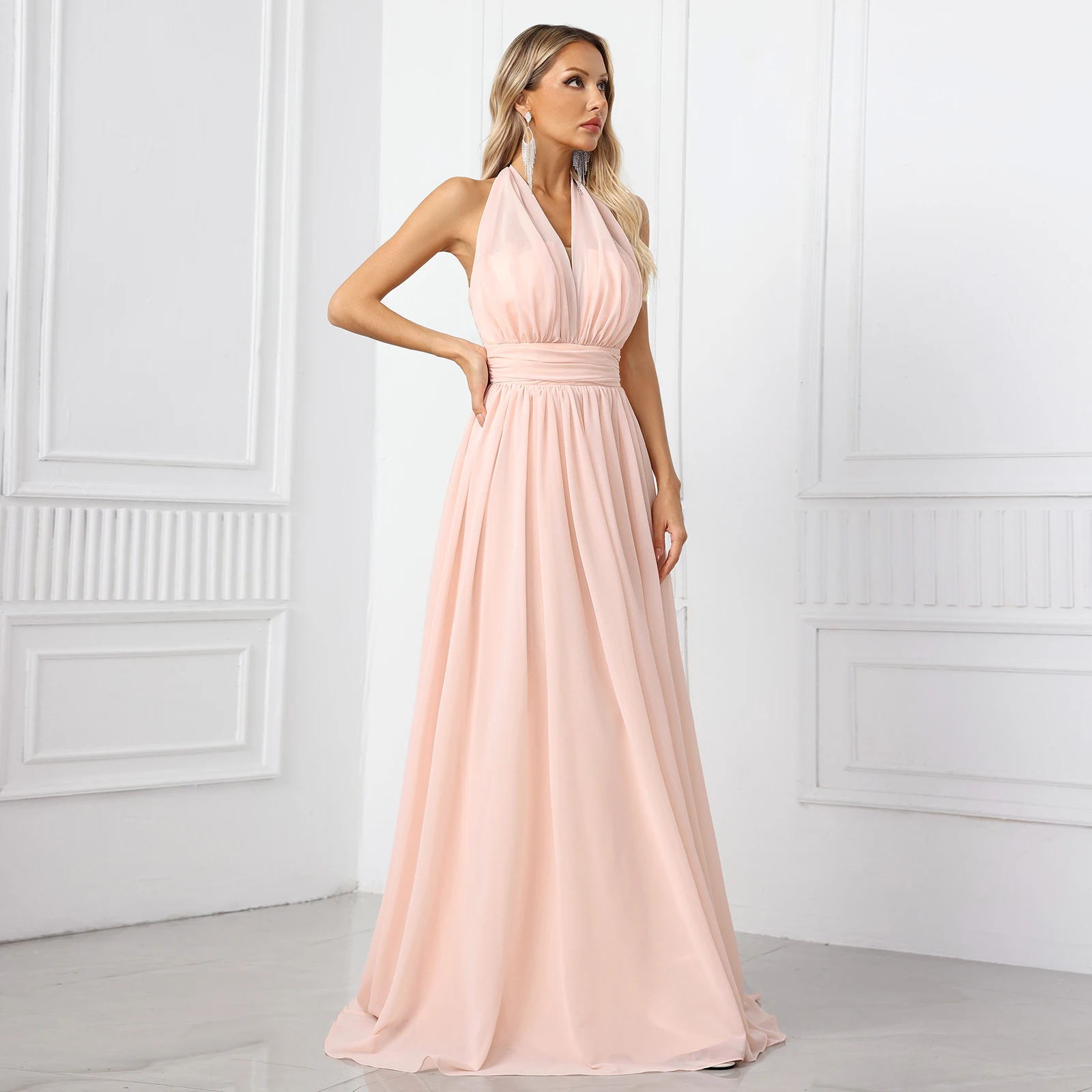 Vestido de noite elegante com decote halter e pregas vestido de mãe cintura alta vestido de baile evasê