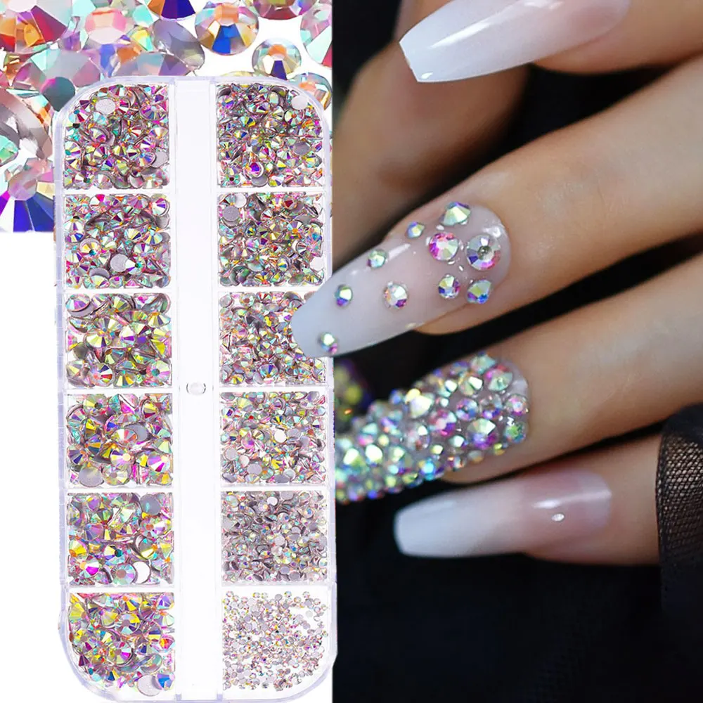 

12grids AB Glass Crystal Nail Rhinestones 1.5-6mm FlatBack Diamond Nail Beads SS6-SS30 MixedShiny 3D Nail Charms Decorations
