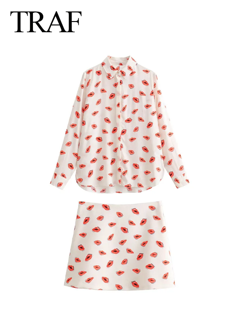 TRAF Woman New Fashion Suits Print Turn-Down Collar Long Sleeve Single Breasted Shirts+High Waist Zipper Short Skirt Female Set