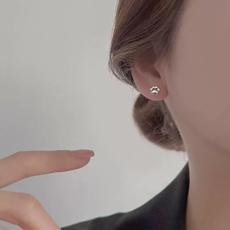 New Cute 925 Sterling Silver Stud Earrings For Woman Metal Polished Chubby Cat-paw  Girlish Earring Jewelry Accessories Gifts