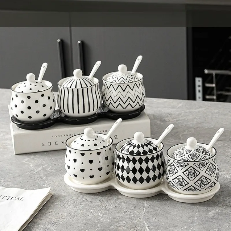 Japanese Style Creative Striped Ceramic Seasoning Bottle Set Household Condiment Salt Shaker Combination Pack Kitchen Pepperbox