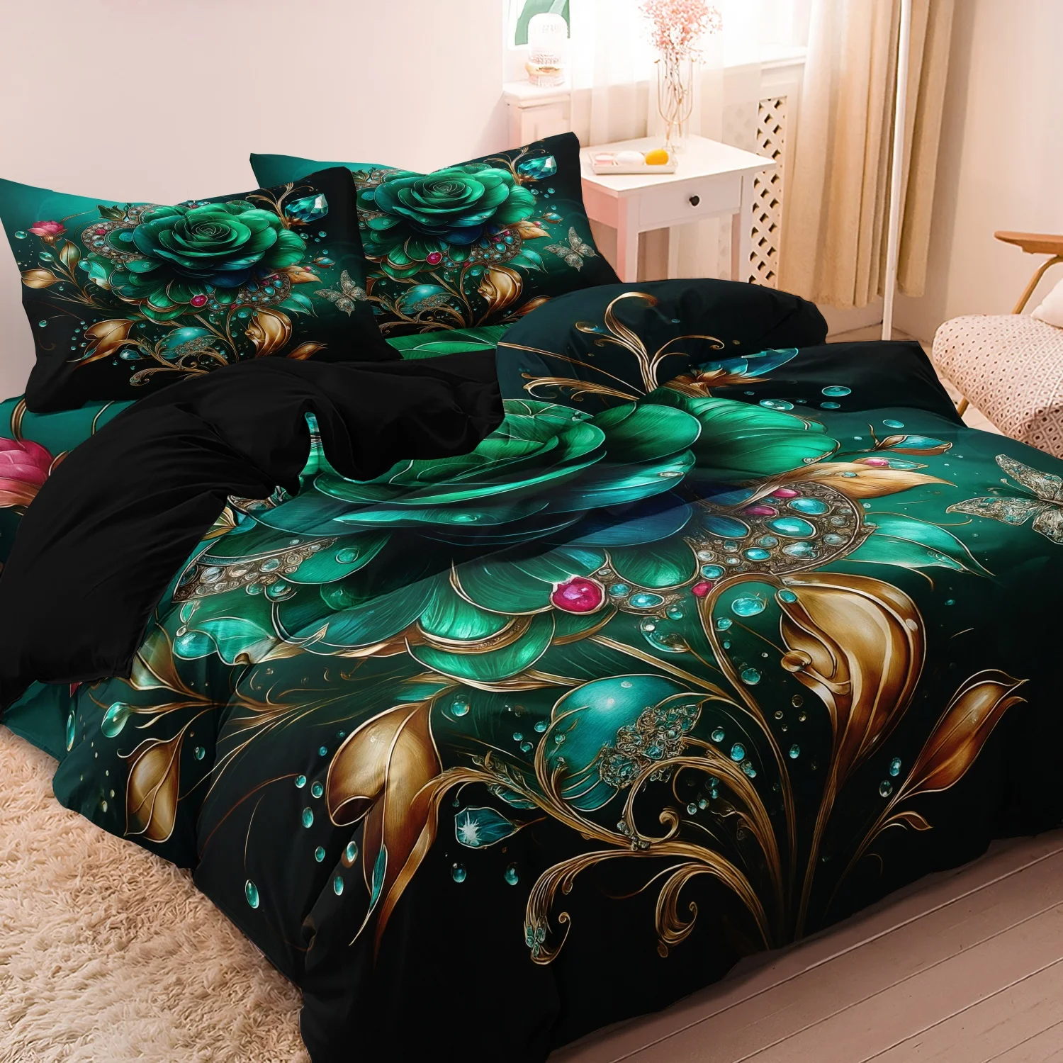 3Pcs Emerald Green & Golden Floral Rose Bedding Set - Luxury Vintage Floral Print Duvet Cover With 1*Duvet Cover + 2* Pillowcase