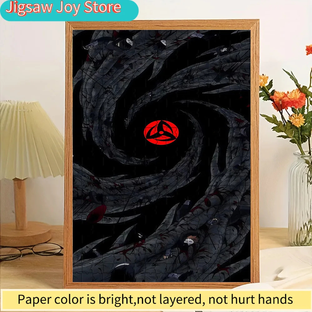 

High Quality Paper Jigsaw Puzzle Anime Uchiha Sharingan Swirl with Embedded Characters on Dark Background Vivid Color Printed Pr
