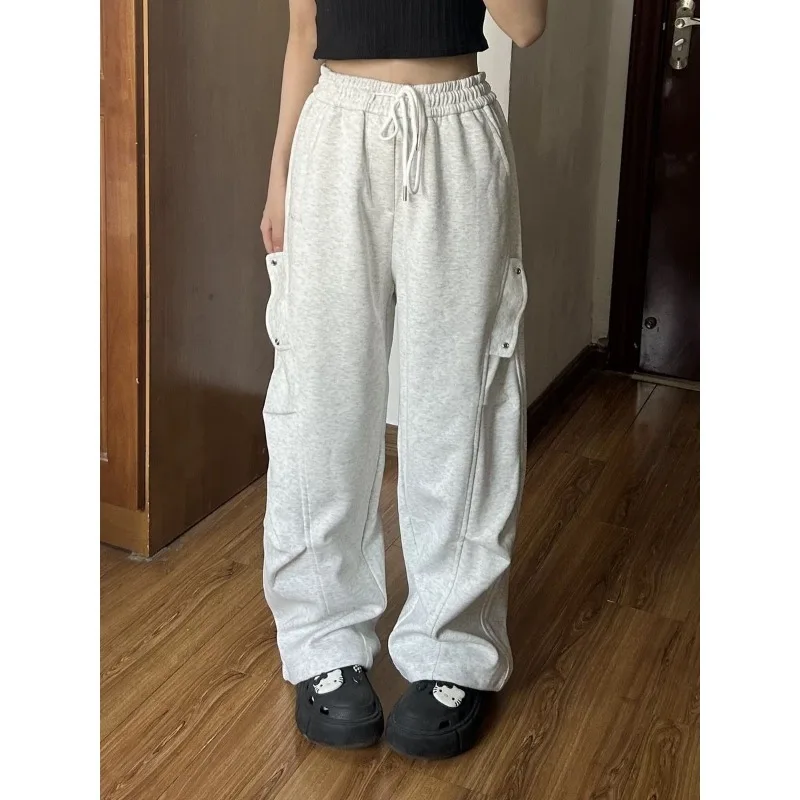 Deeptown Vintage Grey Sweatpants Woman Casual Sports America Retro Baggy Pants Korean Fashion Basic Autumn Wide Leg Trousers