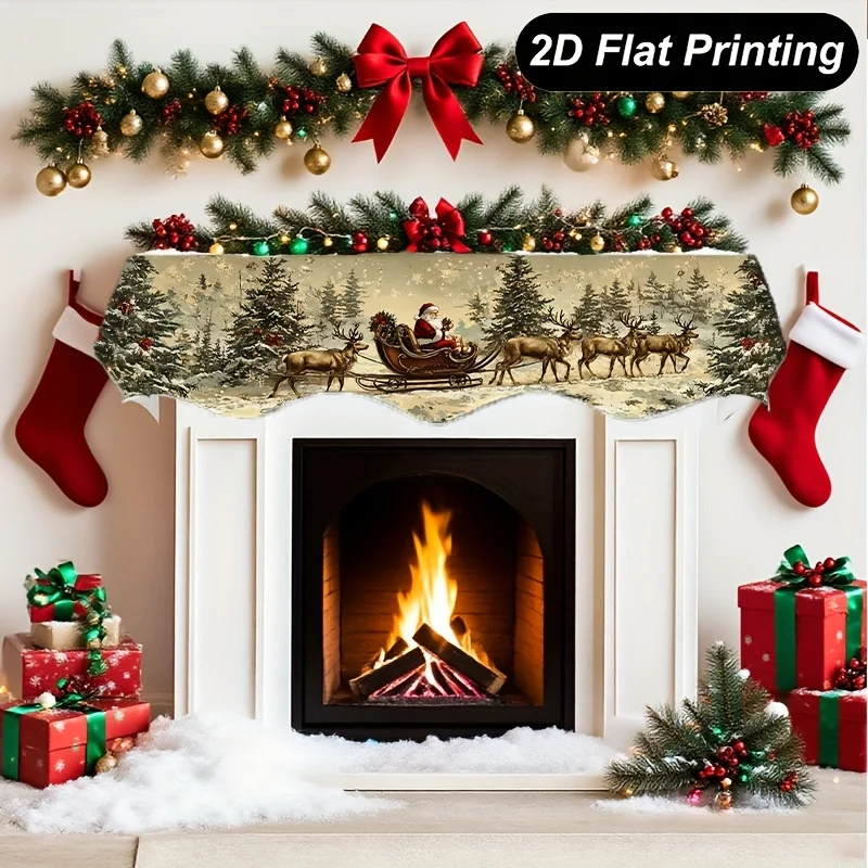 VIKAMA Christmas Fireplace Mantel Scarf Santa Reindeer Sleigh Mantel Topper Xmas Fireplace Shelf Cover Winter Holiday Home Decor