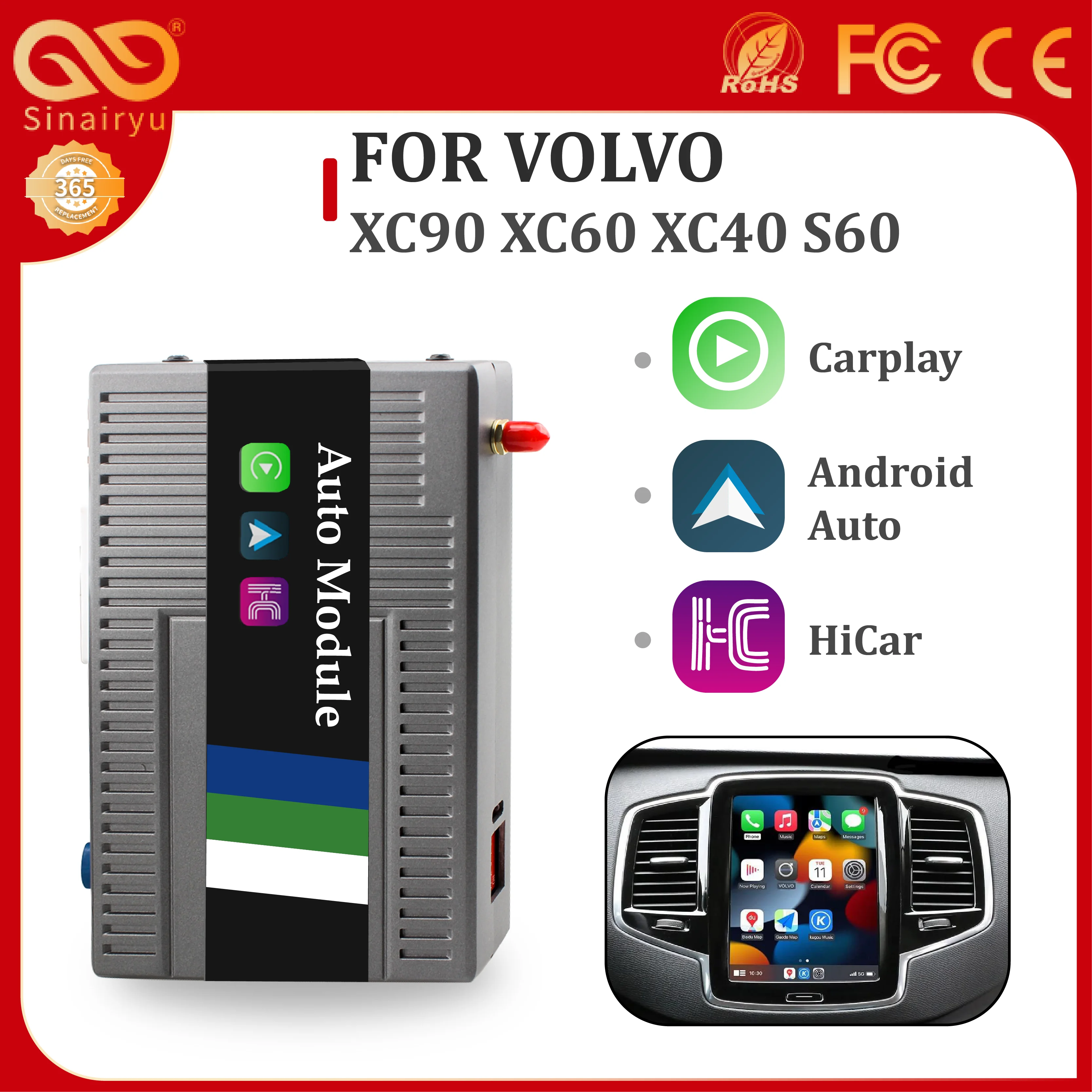 Sinairyu Wireless Carplay For Volvo XC90/XC60/XC40/S90/S60 Full Screen Carplay AI Upgrade Adapter USB Android Auto Hicar