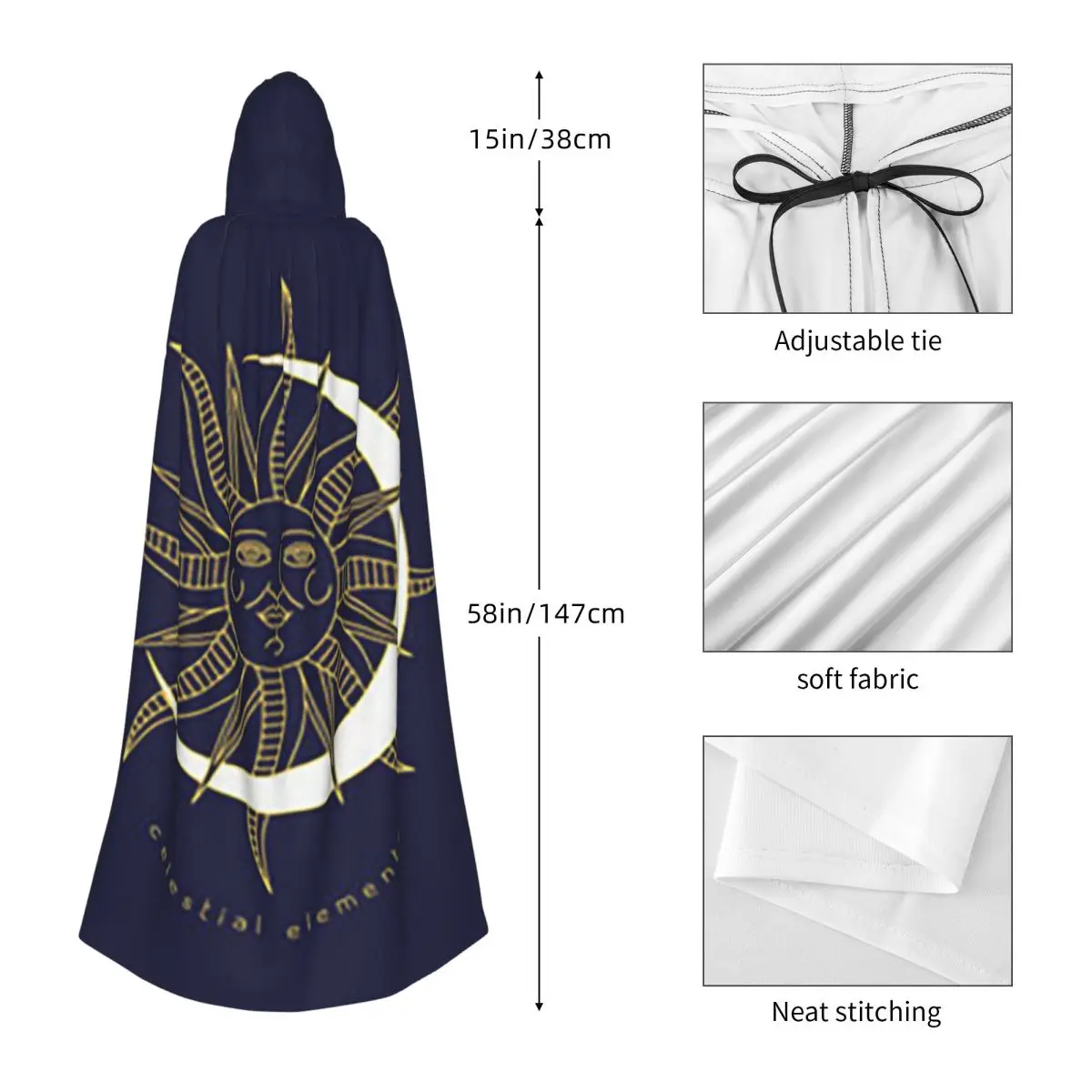 السماوية الصوفي الباطنية ماجيك الشمس القمر طويل مقنعين عباءة الساحرة القرون الوسطى زي تأثيري كيب هالوين معطف الكبار للجنسين