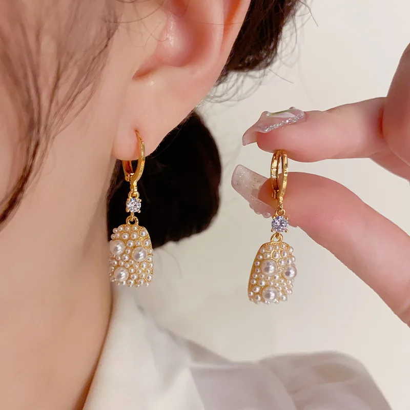 South Korea new design fashion jewelry 14K gold plated square pearl pendant earrings elegant women's daily work accessories