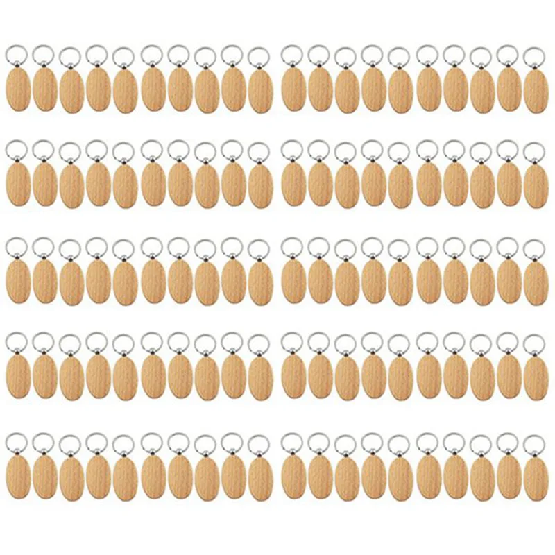 새로운 100Pcs 빈 타원형 타원형 나무 열쇠 고리 DIY 프로 모션 키 체인 펜 던 트 열쇠 고리 태그 프로 모션 선물