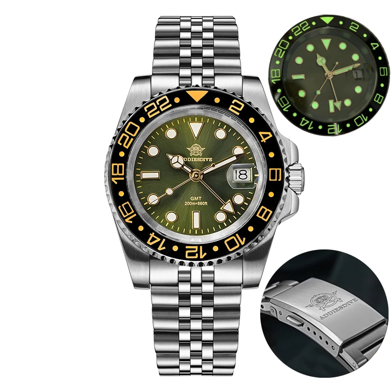 ADDIESDIVE Men GMT Watch Swiss Ronda 515-24 200M Waterproof BGW9 Super Luminous 316L Stainless Steel Quartz Watch Reloj Hombre image 3