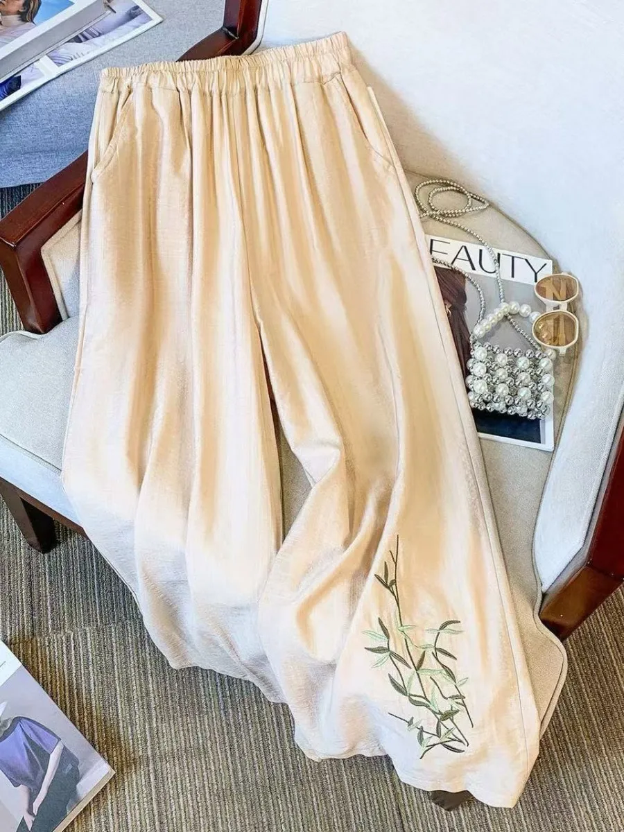 

New Cotton Linen Casual Pants Embroidered Wide Leg Straight Cut Artistic Retro National Slimming Han Linen Pants Summer 2026
