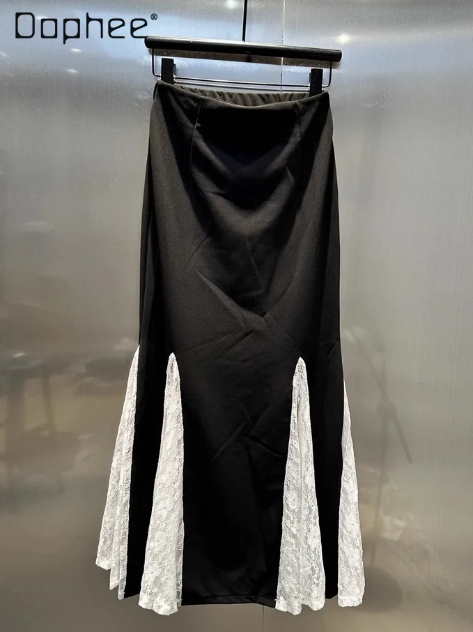 

Autumn Fashion Korean Chic Lace Patchwork Color-Block Casual Skirt for Women High Waist Slim Versatile Elegant Mid-Length Skirts
