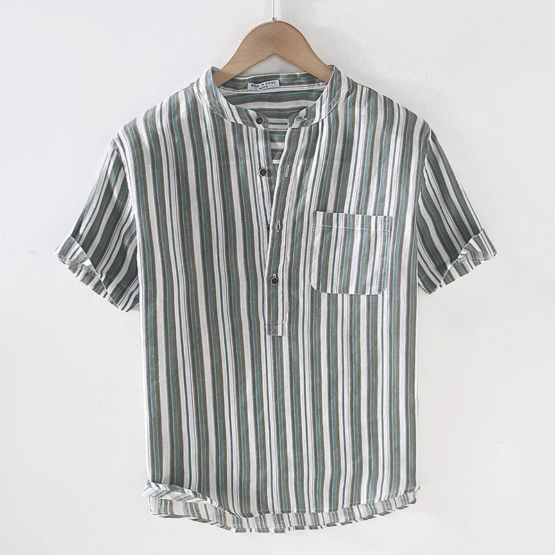 

Printed Stripe Linen Men's Short Sleeve Shirt Summer New Stand Collar Pullover Casual Shirt Oversize Loose Breathable Pocket Top