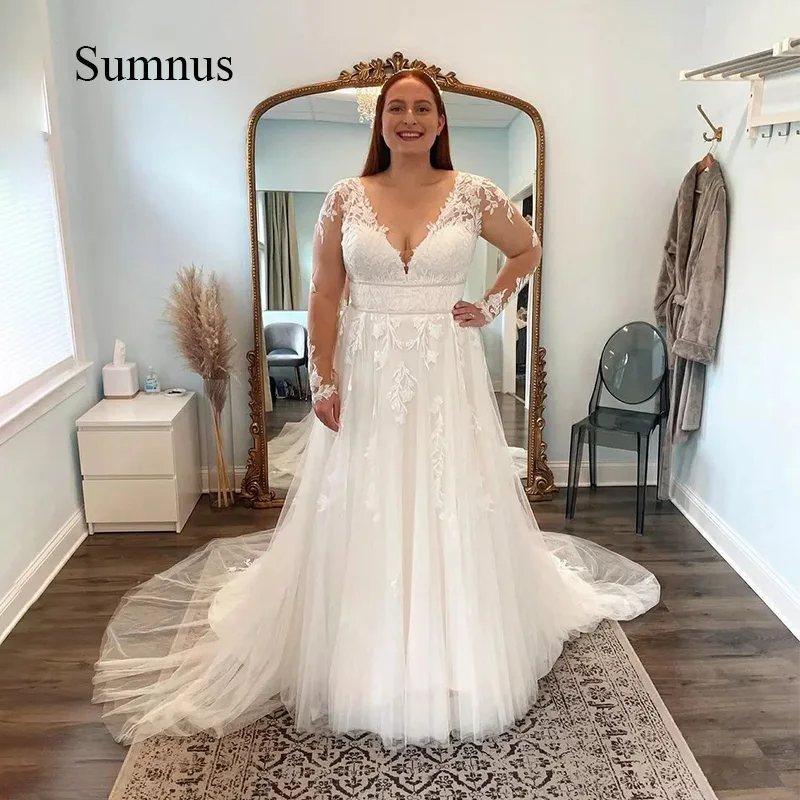 Plus size vestido de casamento apliques de renda com decote em v completo tule manga vestido de noiva sem costas com zíper vestidos de noiva robe de mariee