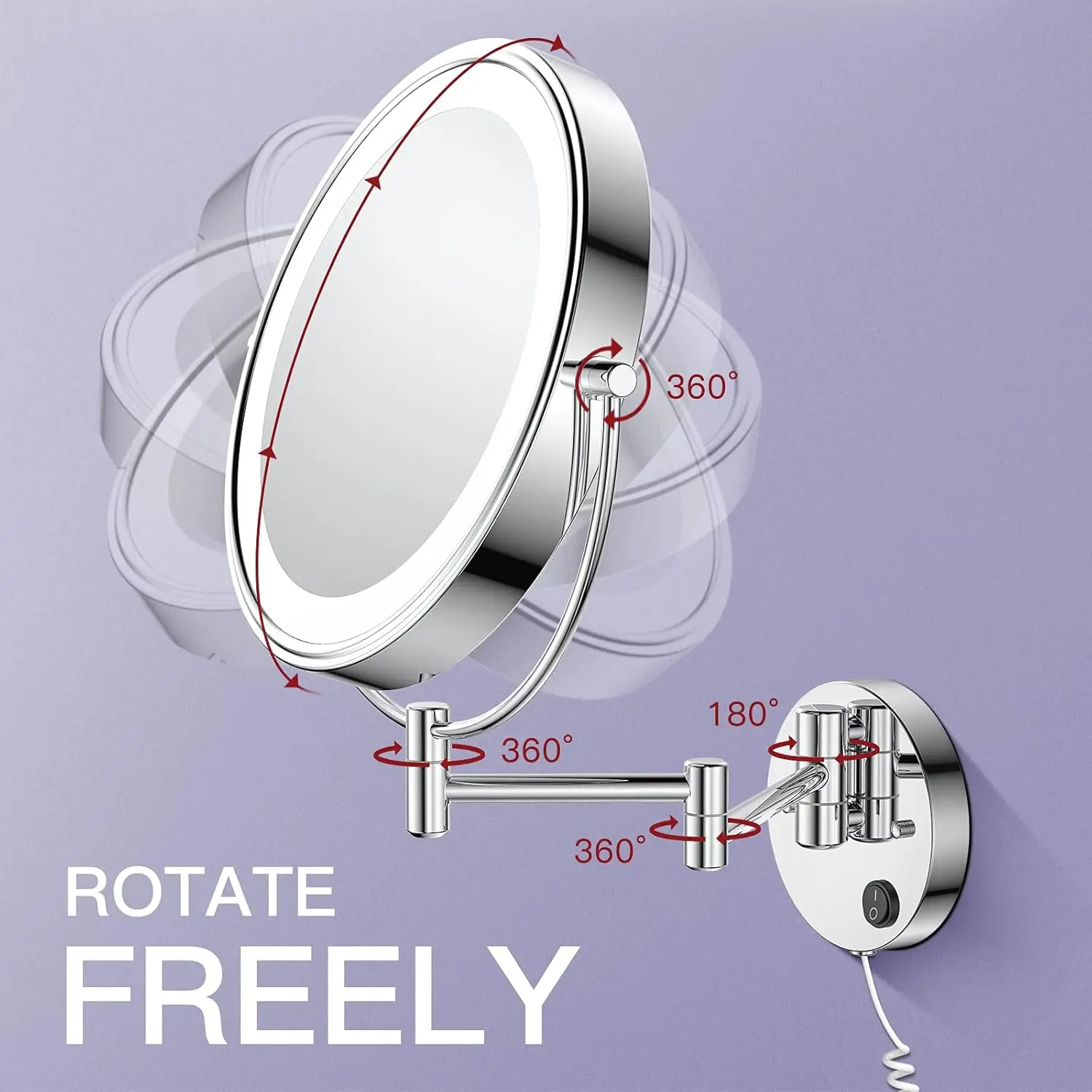 9" Wall Mounted Lighted Makeup Mirror, 1X/10X Magnifying 2-Sided AC Powered, 360° Swivel Extendable Arm