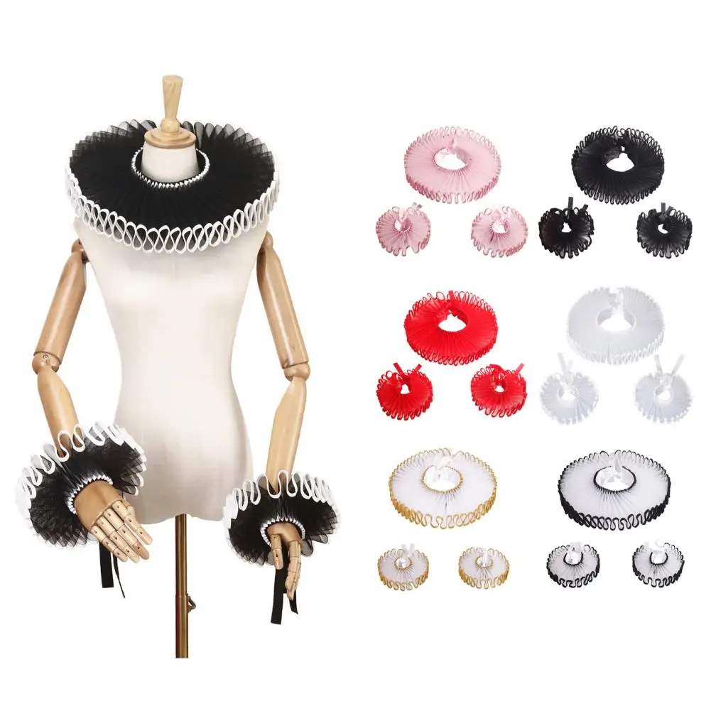 Vintage Drama Performance Dress Up Pleated Accordion Collar for Halloween Vintage Collar Set Lace Fake Collar for Halloween