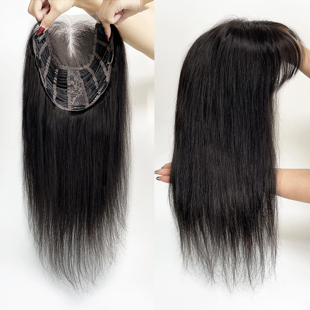 4X4 Inch HD Lace Base Wispy Bangs Topper Natural Black Hair Hairpieces with Clips Virgin Straight Human Hair Wefted Topper