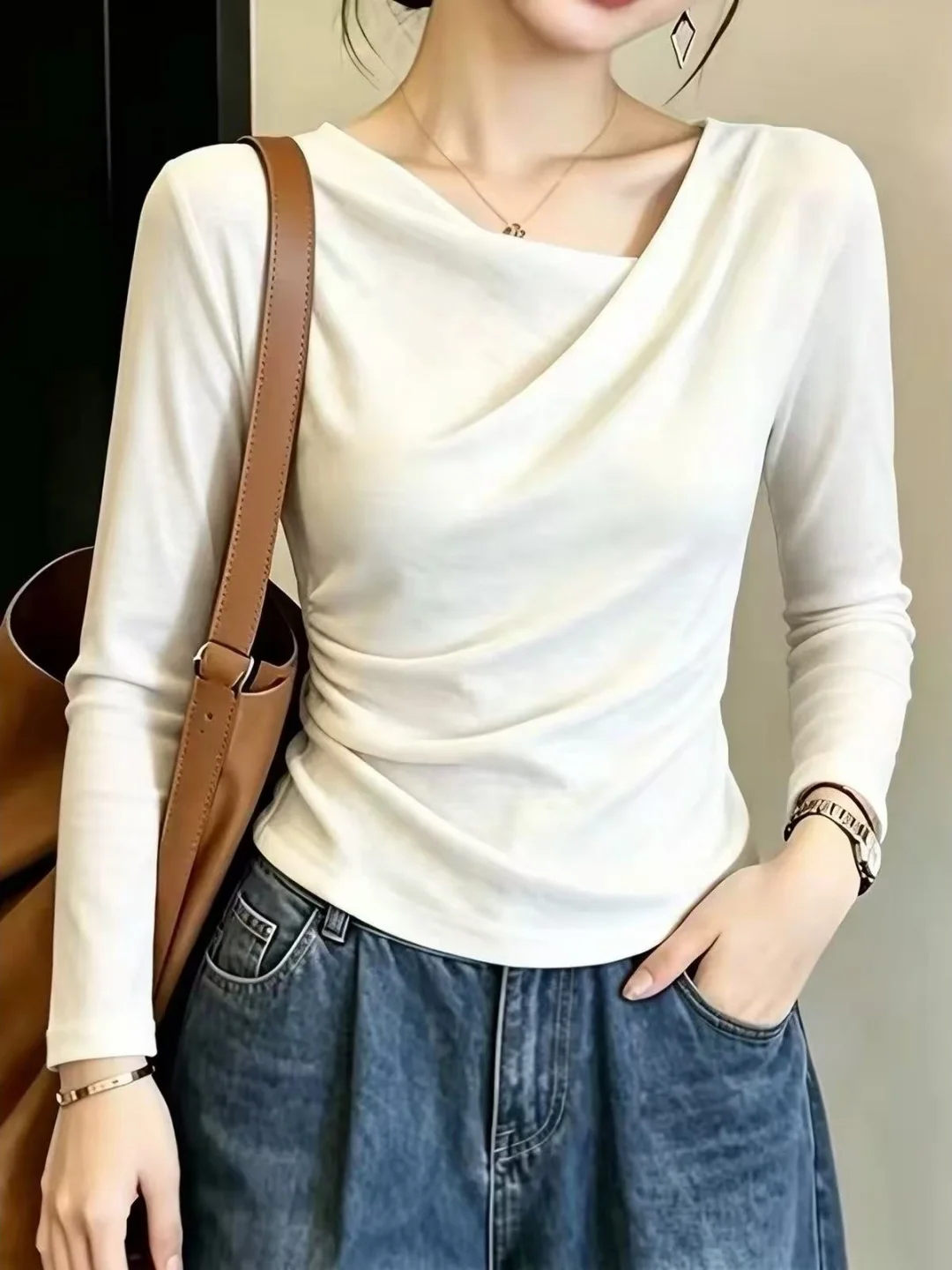 Oatmeal Shoulder Bared Long Sleeve Women's T-shirt Slim Fit Collarless Design Casual Style for Spring Autumn Season