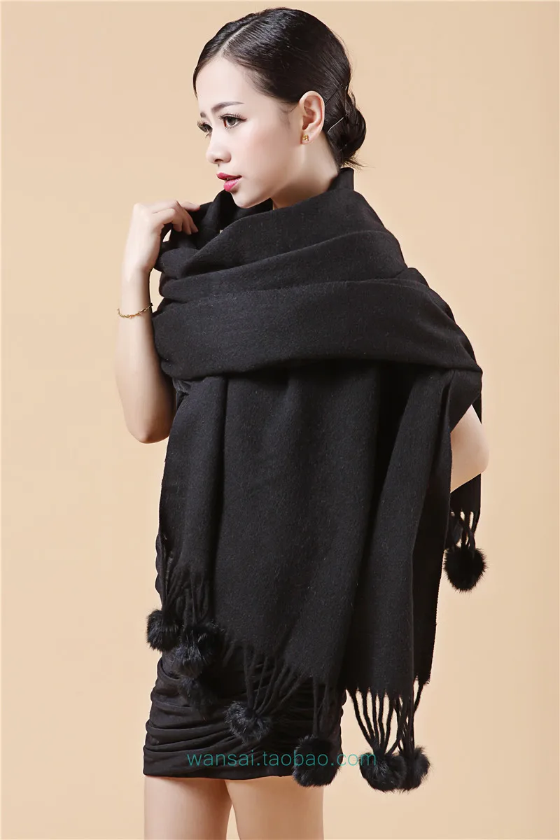 Winter Cashmere Wool Pashmina Scarf Muffler Woman Autumn Winter Wool Shawl with Real Rabbit Fur Pompom Tassel