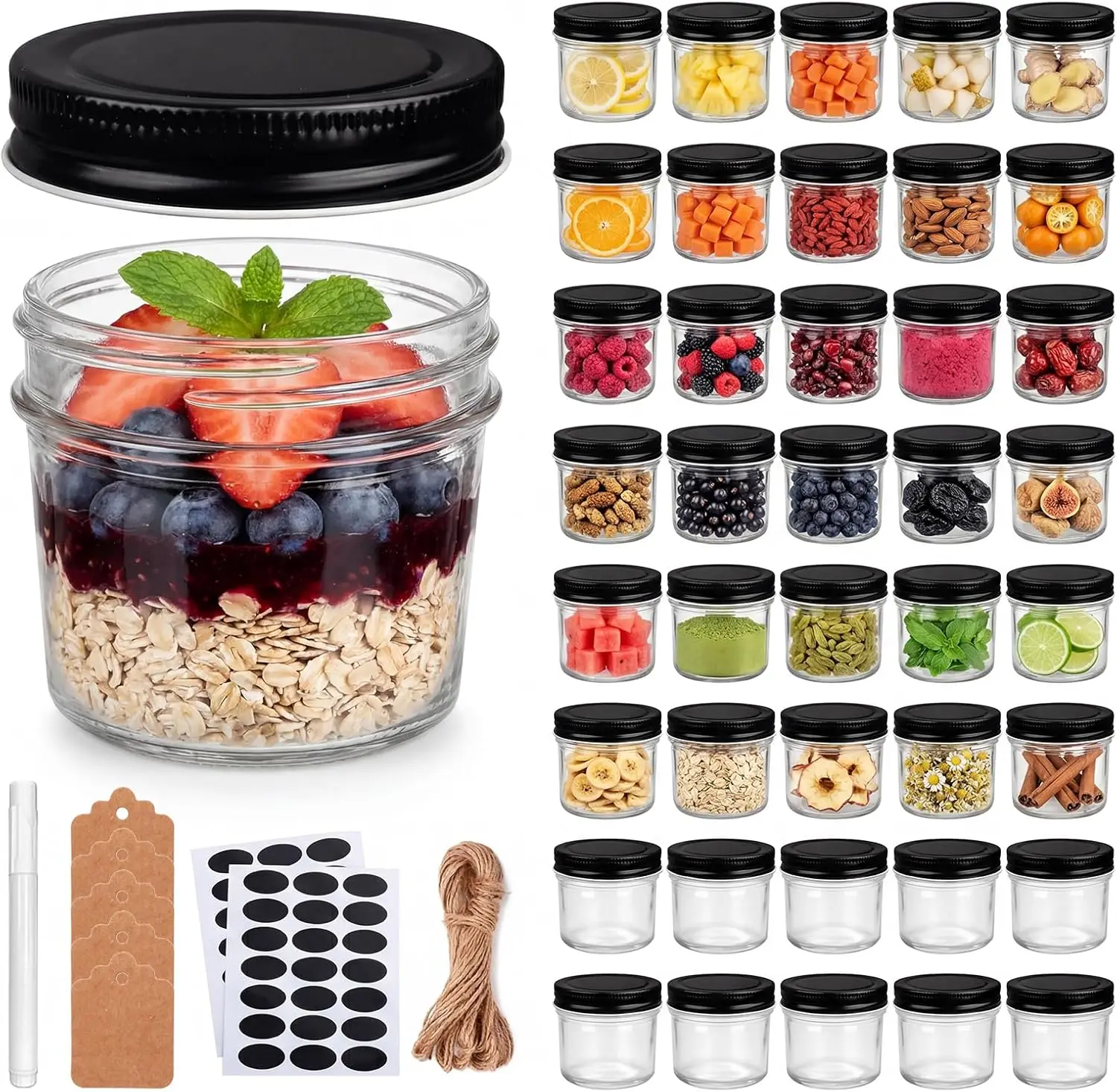 

40 упаковок стеклянных мини-баночек по 4 унции с крышками (черные), прозрачные стеклянные баночки для специй, мёда, джема, желе, свадебных подарков