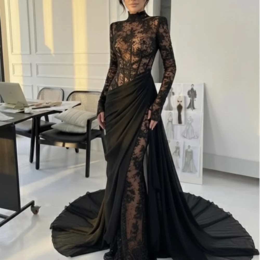 

Customized Black Modest Sexy Chiffon Pleat Draped Lace Mermaid High Collar Long Dresses Evening Dresses for Woman Pastrol Retro